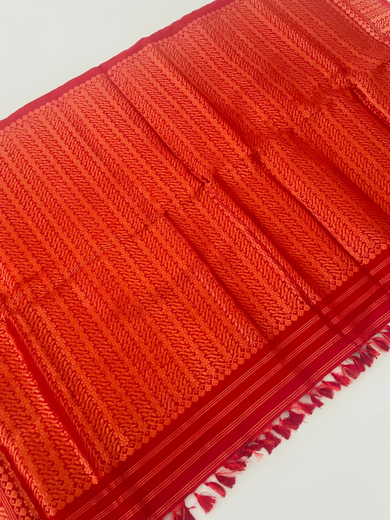 Assam Pat Mulberry Silk Saree | Red | Gold Zari | Handwoven | Silk Mark Certified | Ships from California