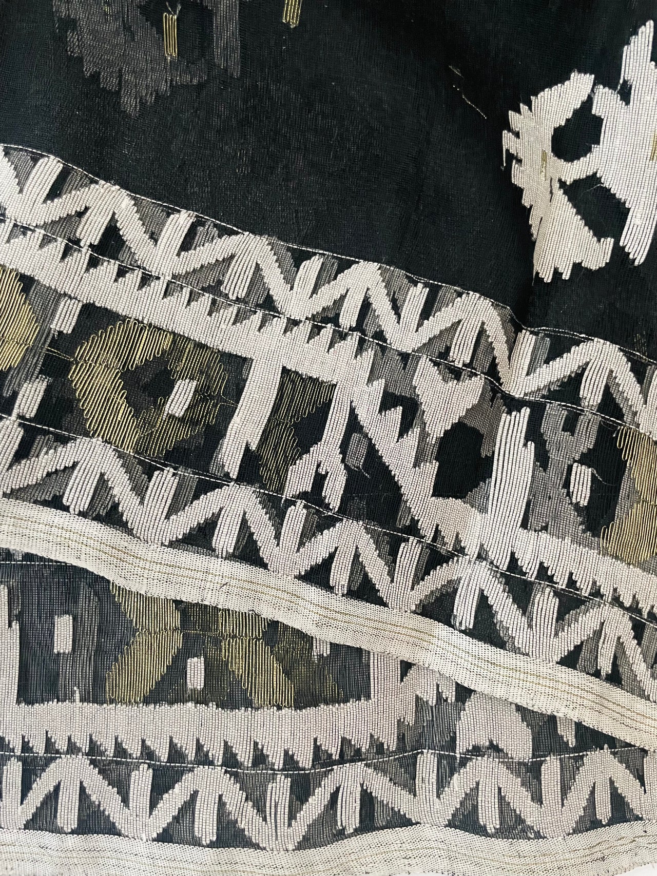 Authentic Dhakai Jamdani Muslin Saree from Bangladesh | Handwoven | Black | White and Gold Threads | Ships from California