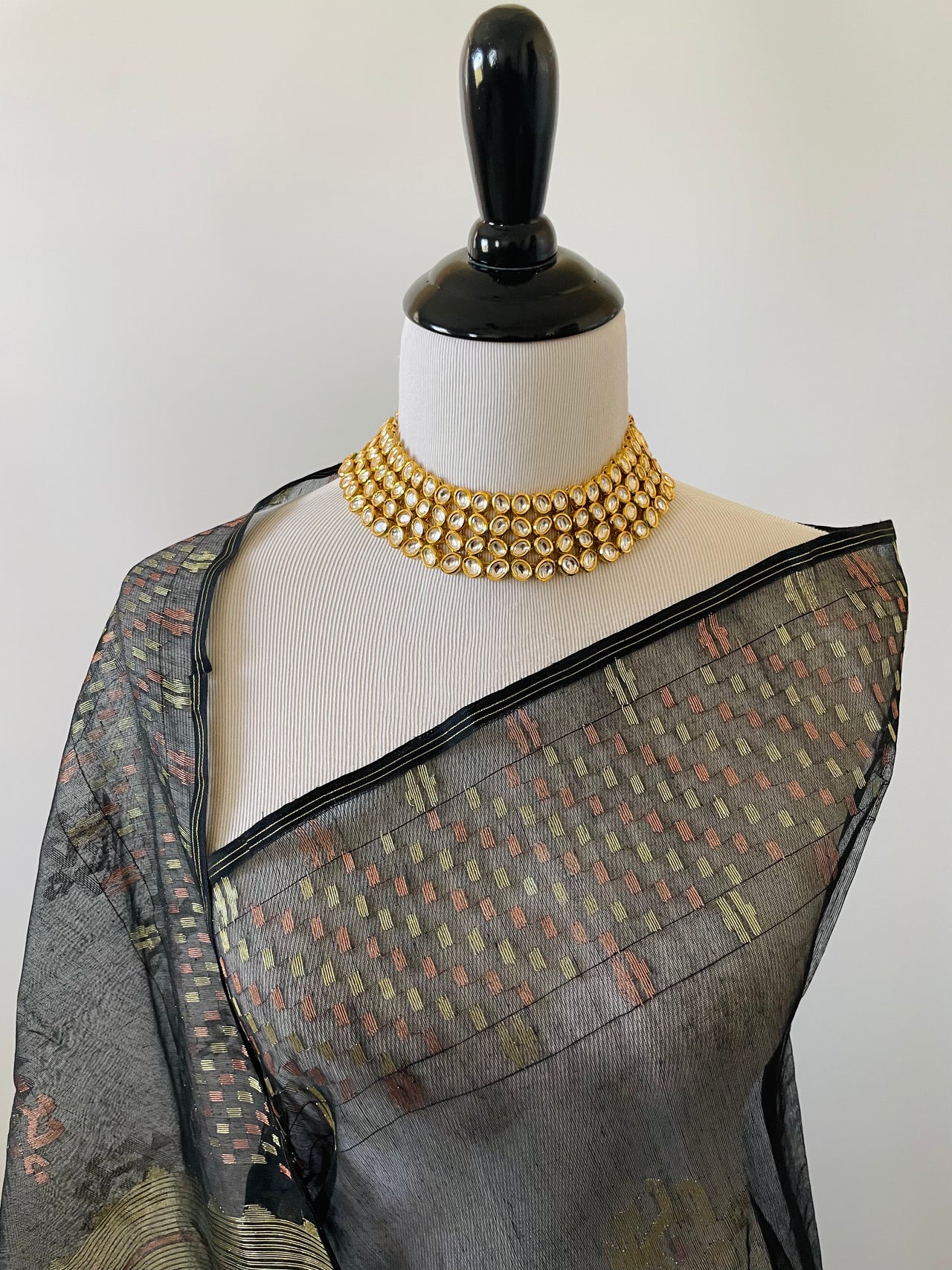 Authentic Dhakai Jamdani Muslin Saree from Bangladesh | Handwoven | Black | Gold and Copper Threads | Ships from California
