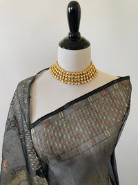 Thumbnail for Authentic Dhakai Jamdani Muslin Saree from Bangladesh | Handwoven | Black | Gold and Copper Threads | Ships from California
