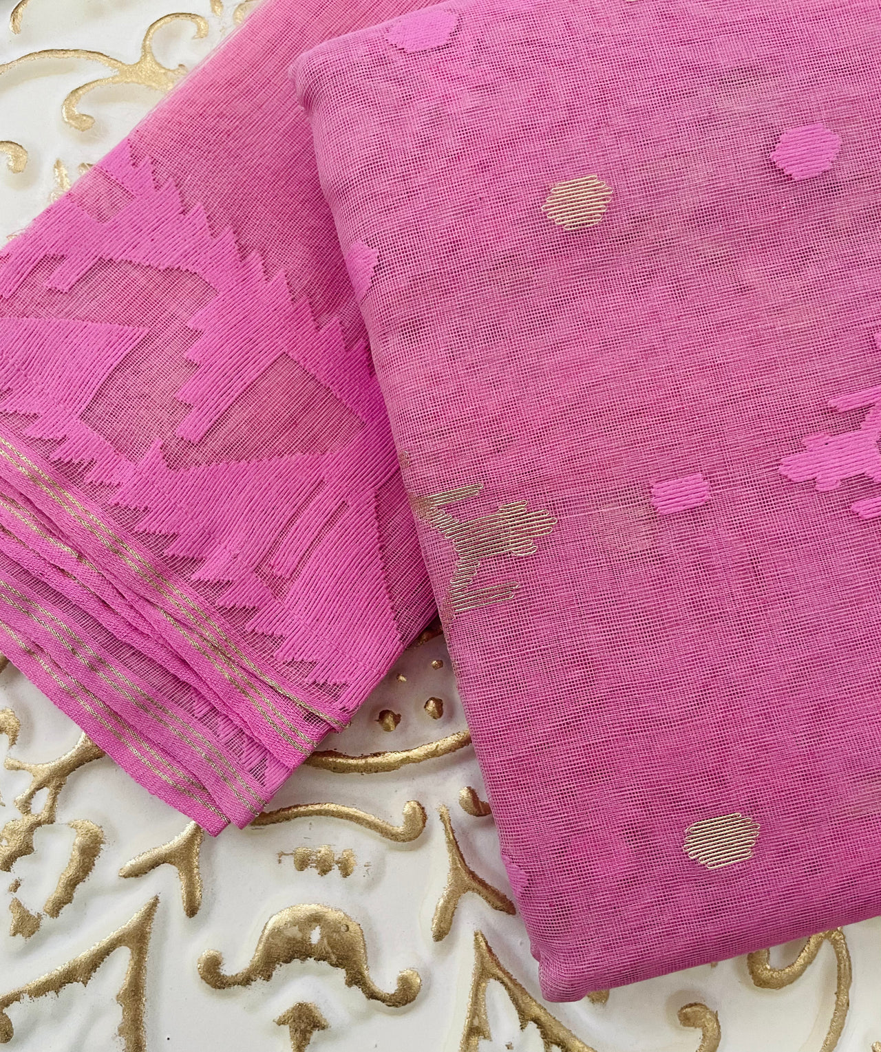 Authentic Dhakai Jamdani Muslin Saree from Bangladesh | Handwoven | Bubblegum Pink | Pink and Gold Threads | Ships from California
