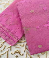 Thumbnail for Authentic Dhakai Jamdani Muslin Saree from Bangladesh | Handwoven | Bubblegum Pink | Pink and Gold Threads | Ships from California
