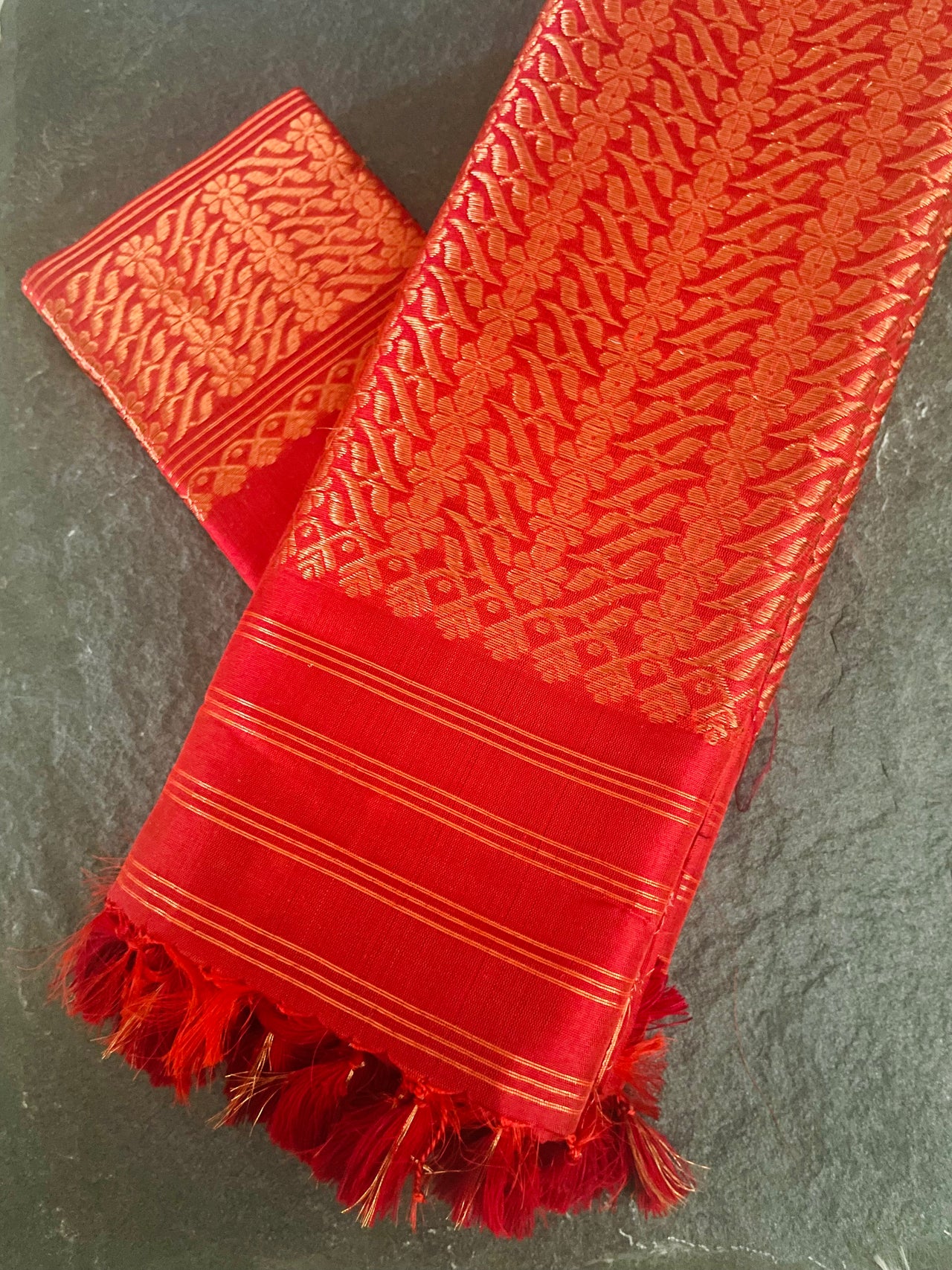 Assam Pat Mulberry Silk Saree | Red | Gold Zari | Handwoven | Silk Mark Certified | Ships from California