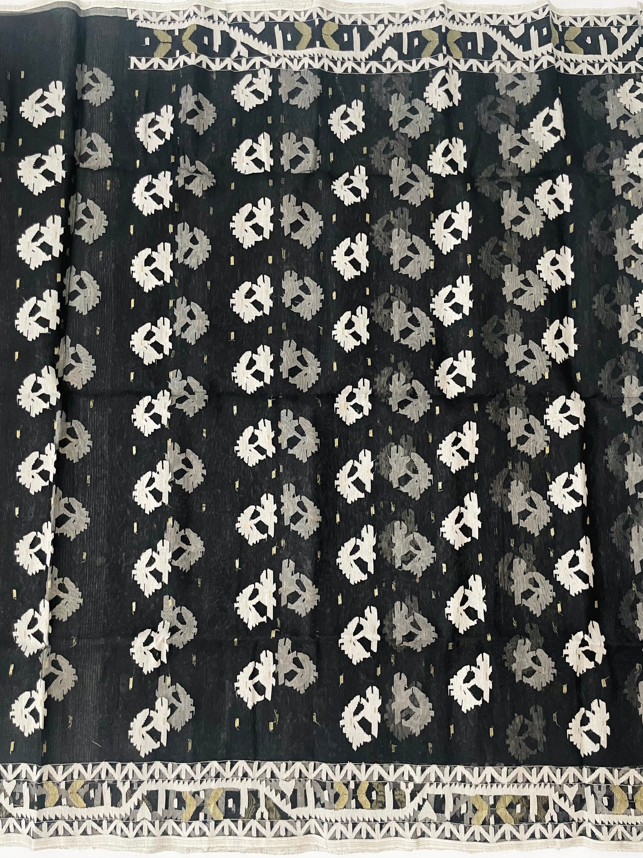 Authentic Dhakai Jamdani Muslin Saree from Bangladesh | Handwoven | Black | White and Gold Threads | Ships from California