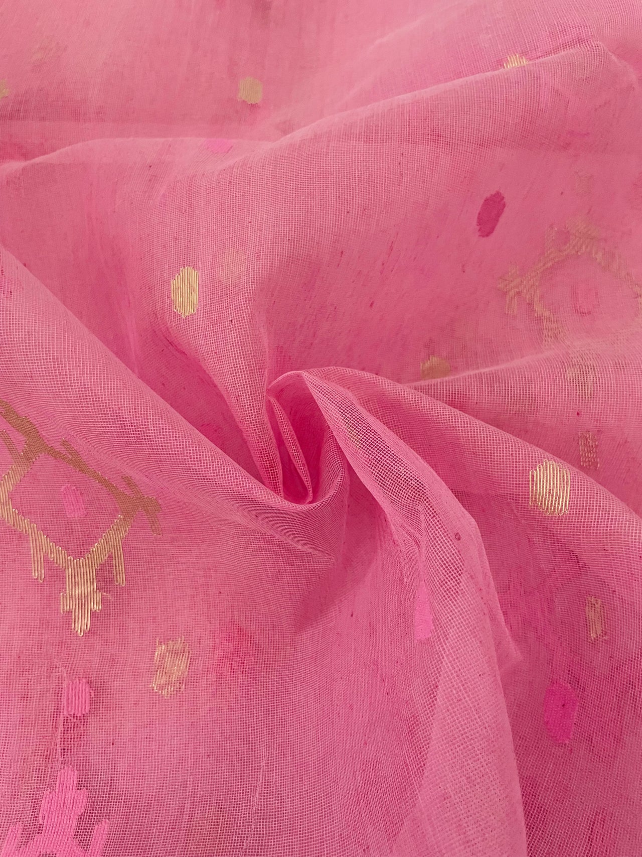 Authentic Dhakai Jamdani Muslin Saree from Bangladesh | Handwoven | Bubblegum Pink | Pink and Gold Threads | Ships from California