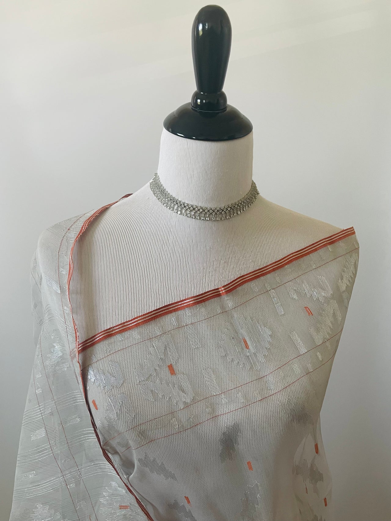 Authentic Dhakai Jamdani Muslin Saree from Bangladesh | Handwoven | Silver Gray | Ships from California