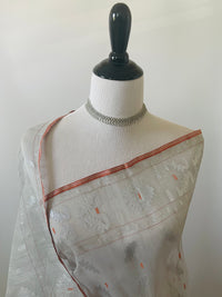 Thumbnail for Authentic Dhakai Jamdani Muslin Saree from Bangladesh | Handwoven | Silver Gray | Ships from California