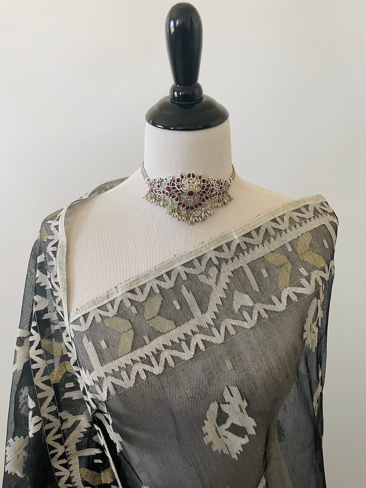 Authentic Dhakai Jamdani Muslin Saree from Bangladesh | Handwoven | Black | White and Gold Threads | Ships from California
