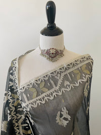 Thumbnail for Authentic Dhakai Jamdani Muslin Saree from Bangladesh | Handwoven | Black | White and Gold Threads | Ships from California