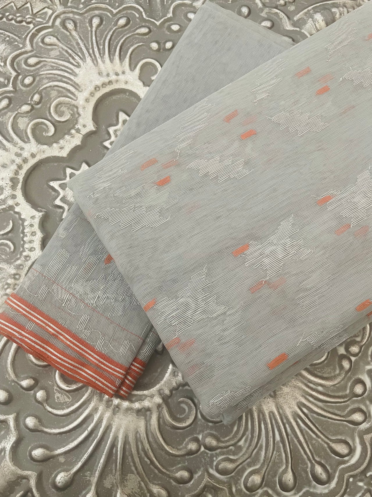 Authentic Dhakai Jamdani Muslin Saree from Bangladesh | Handwoven | Silver Gray | Ships from California