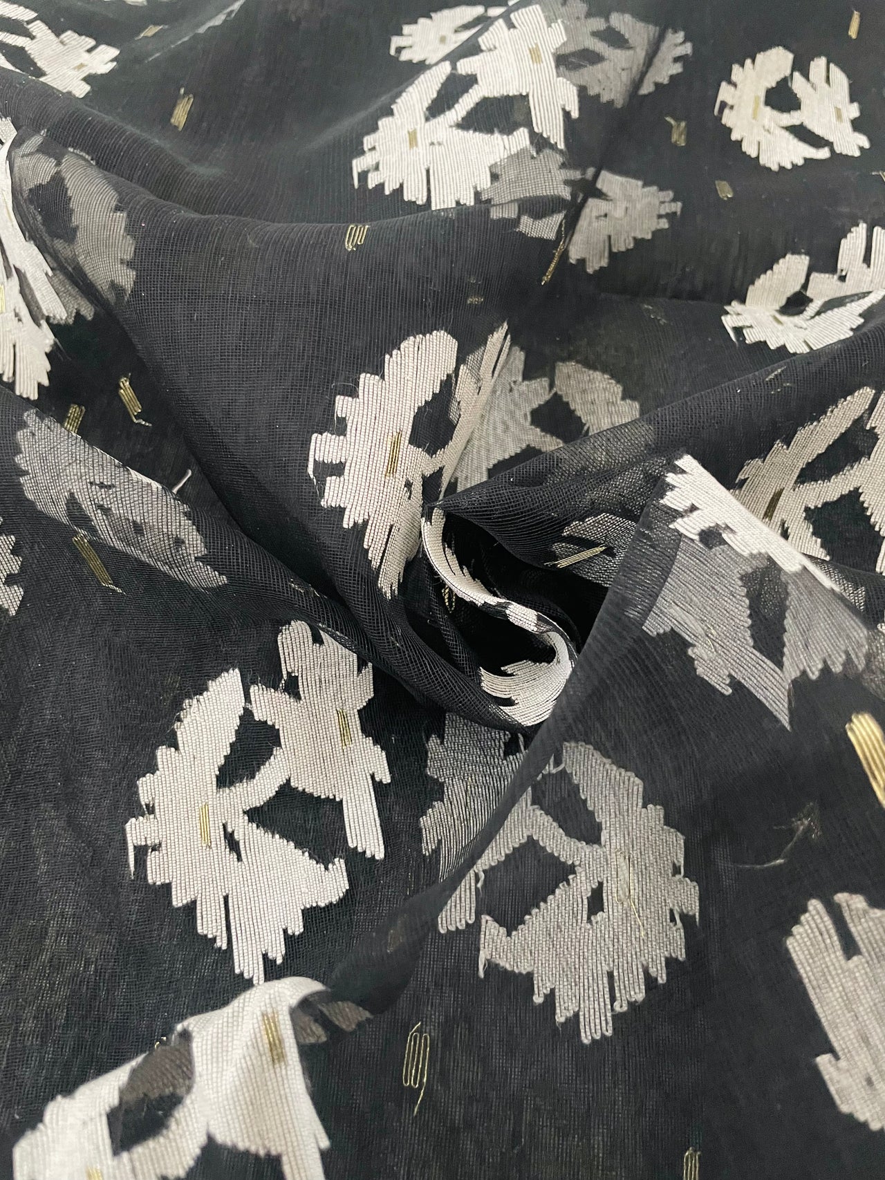 Authentic Dhakai Jamdani Muslin Saree from Bangladesh | Handwoven | Black | White and Gold Threads | Ships from California