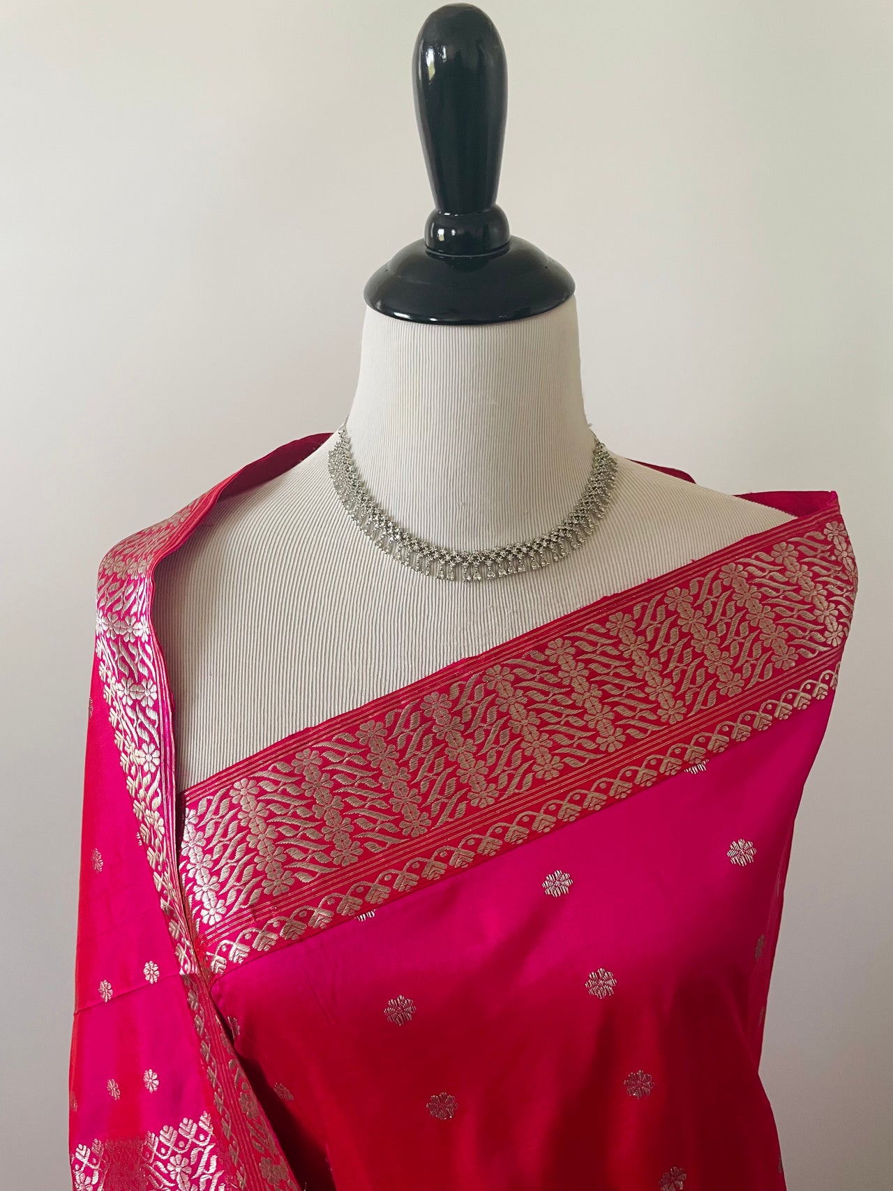 Assam Pat Mulberry Silk Saree | Bright Pink | Silver Zari | Handwoven | Silk Mark Certified | Ships from California