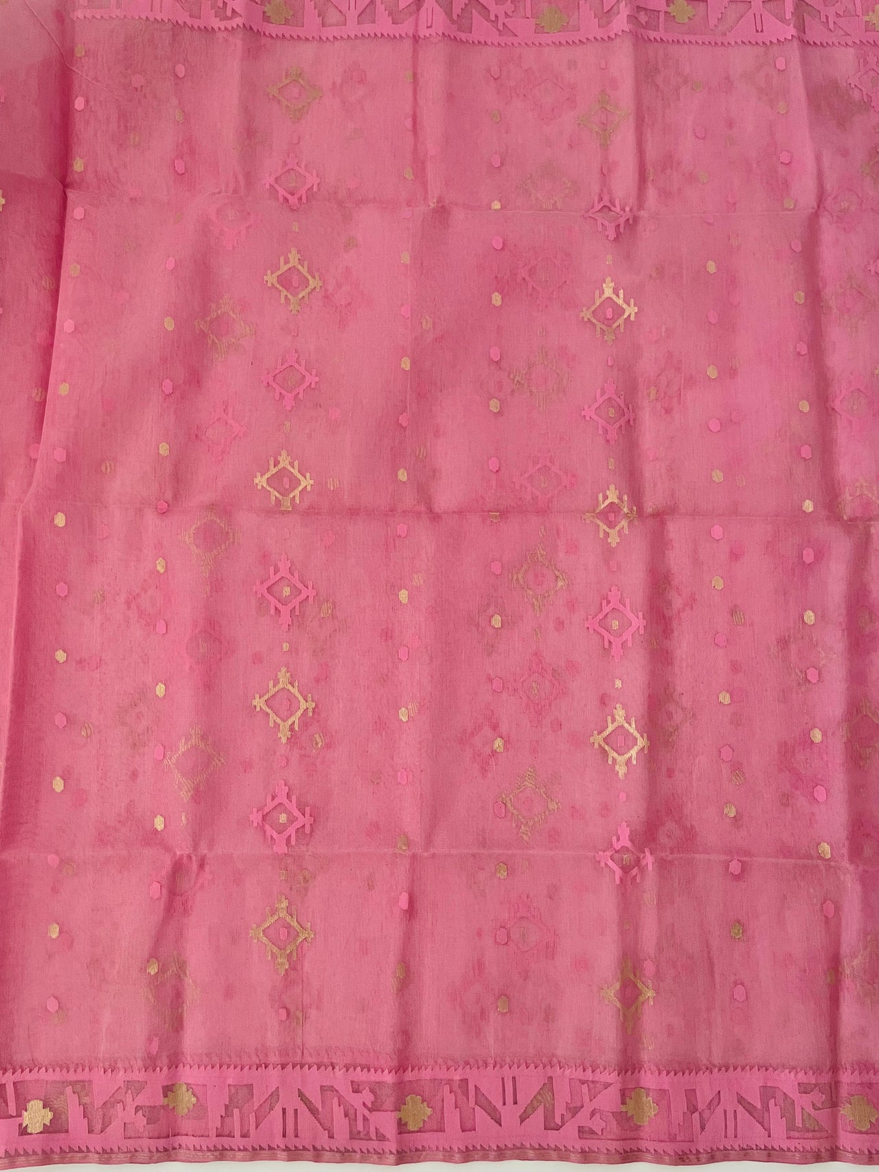 Authentic Dhakai Jamdani Muslin Saree from Bangladesh | Handwoven | Bubblegum Pink | Pink and Gold Threads | Ships from California
