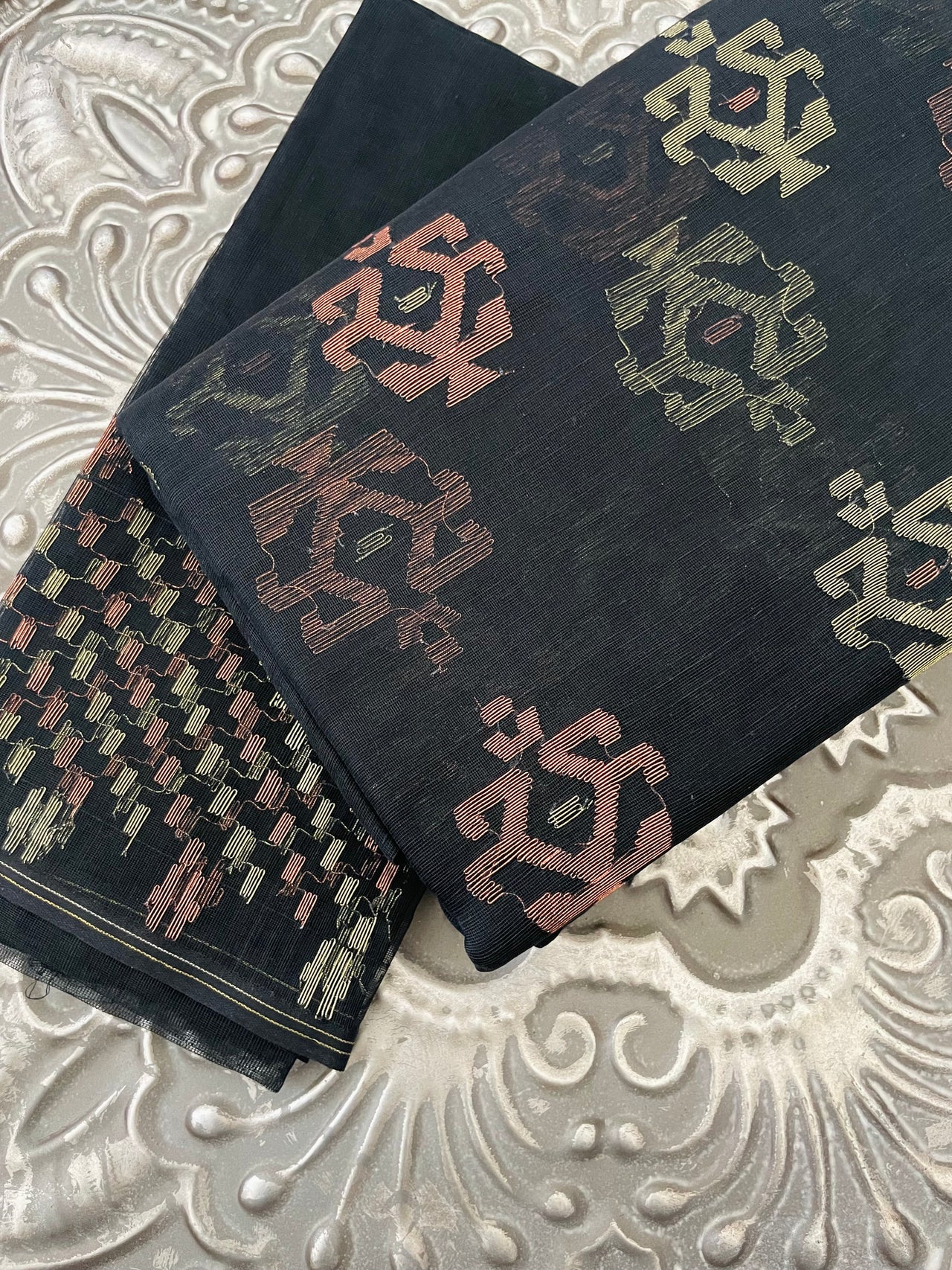Authentic Dhakai Jamdani Muslin Saree from Bangladesh | Handwoven | Black | Gold and Copper Threads | Ships from California