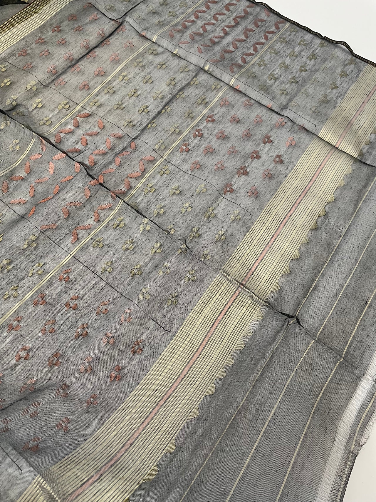 Authentic Dhakai Jamdani Muslin Saree from Bangladesh | Handwoven | Black | Gold and Copper Threads | Ships from California