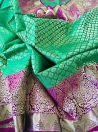 Thumbnail for Kanchipuram/Kanchivaram handloom pure silk saree | parrot green and purple | Silk Mark | Ships from California