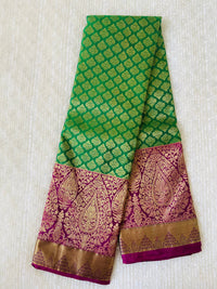 Thumbnail for Kanchipuram/Kanchivaram handloom pure silk saree | parrot green and purple | Silk Mark | Ships from California