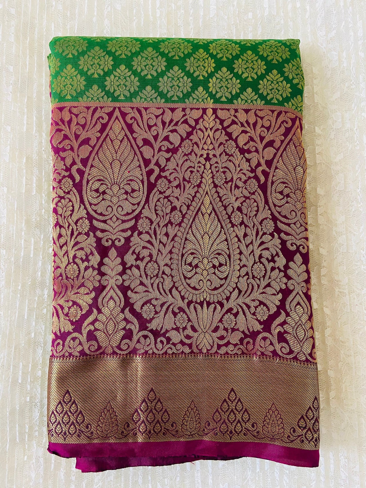Kanchipuram/Kanchivaram handloom pure silk saree | parrot green and purple | Silk Mark | Ships from California