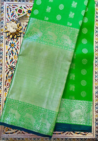 Thumbnail for Handloom dark pastel green kanchipuram/Kanchivaram pure silk saree | Silk Mark | Ships from California
