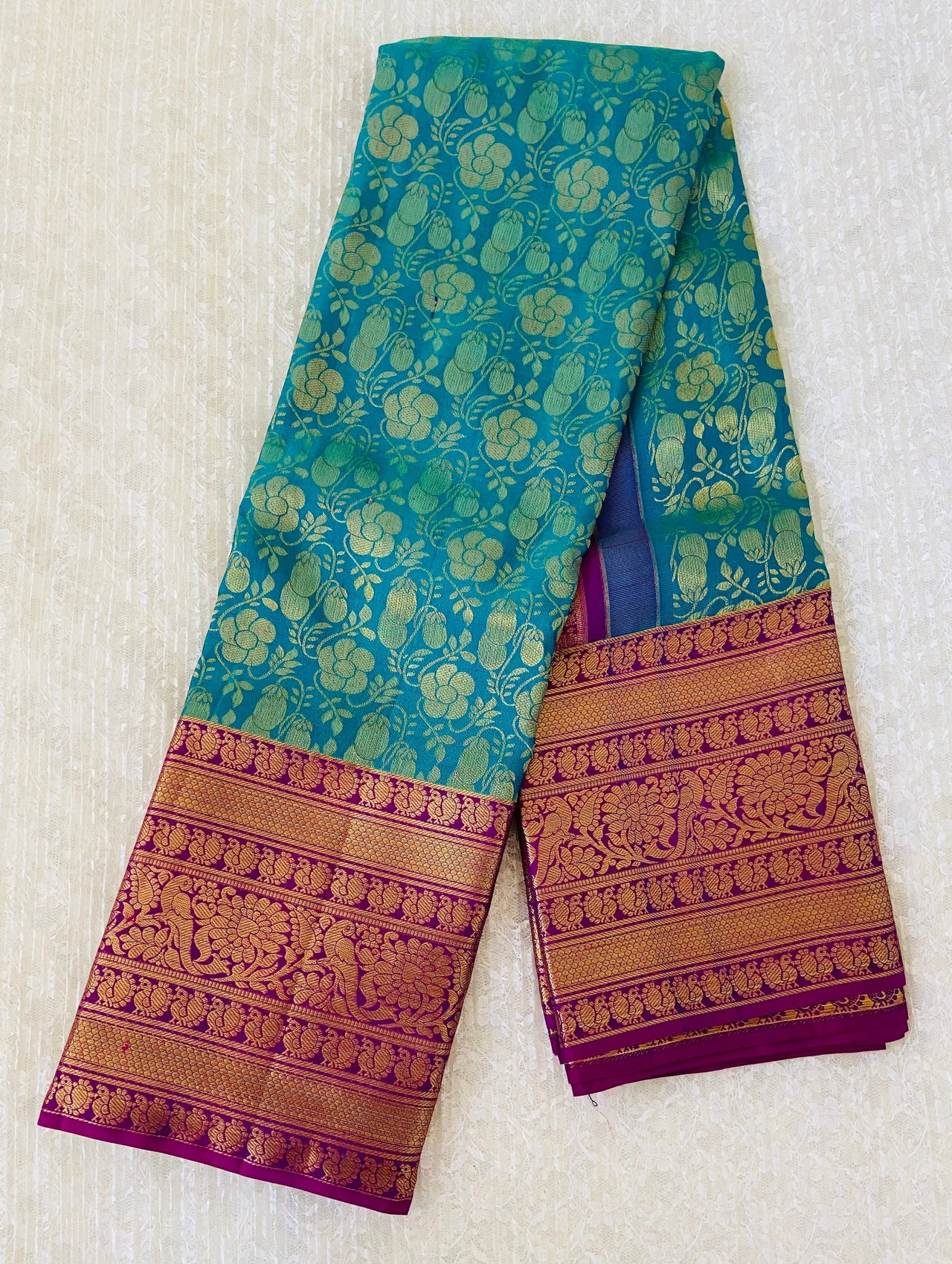 Kanchipuram/Kanchivaram handloom turquoise blue pure silk saree | Silk Mark | Ships from California