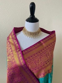 Thumbnail for Kanchipuram/Kanchivaram handloom turquoise blue pure silk saree | Silk Mark | Ships from California