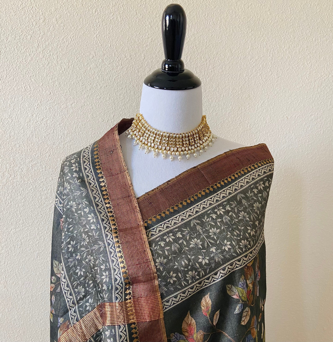 Banarasi Tussar Silk Digital Print Saree | Handwoven and digitally printed | Black | Ships from California