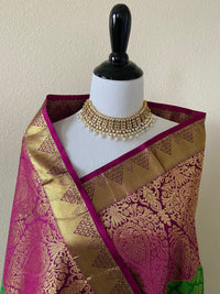Thumbnail for Kanchipuram/Kanchivaram handloom pure silk saree | parrot green and purple | Silk Mark | Ships from California
