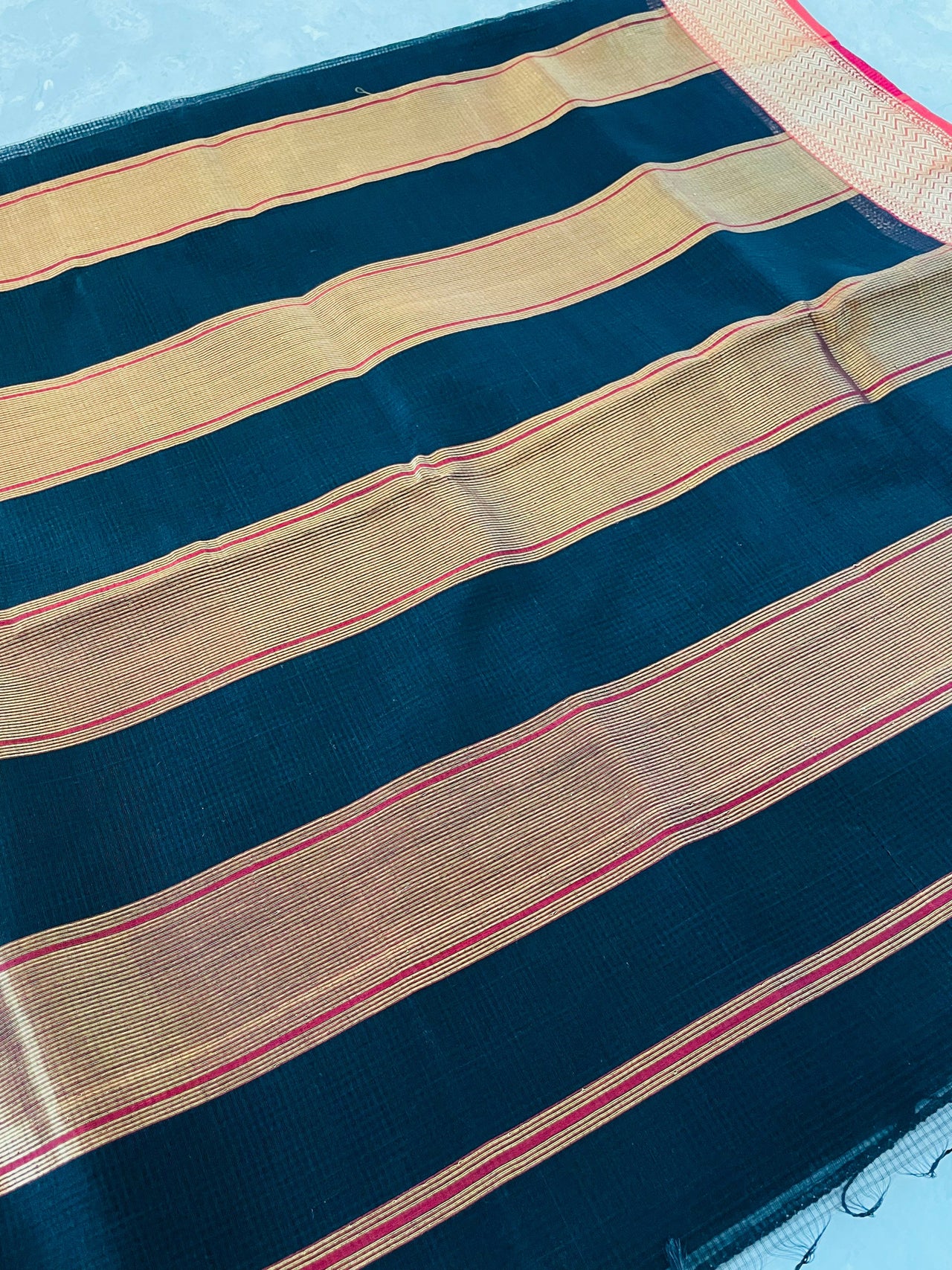 Maheshwari Cotton Silk Saree | Handloom Mark | Black & Red | Ships from California