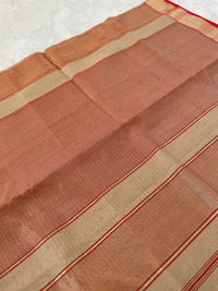 Thumbnail for Maheshwari Cotton Silk Saree | Handloom Mark | Beige/Light Brown & Red | Ships from California