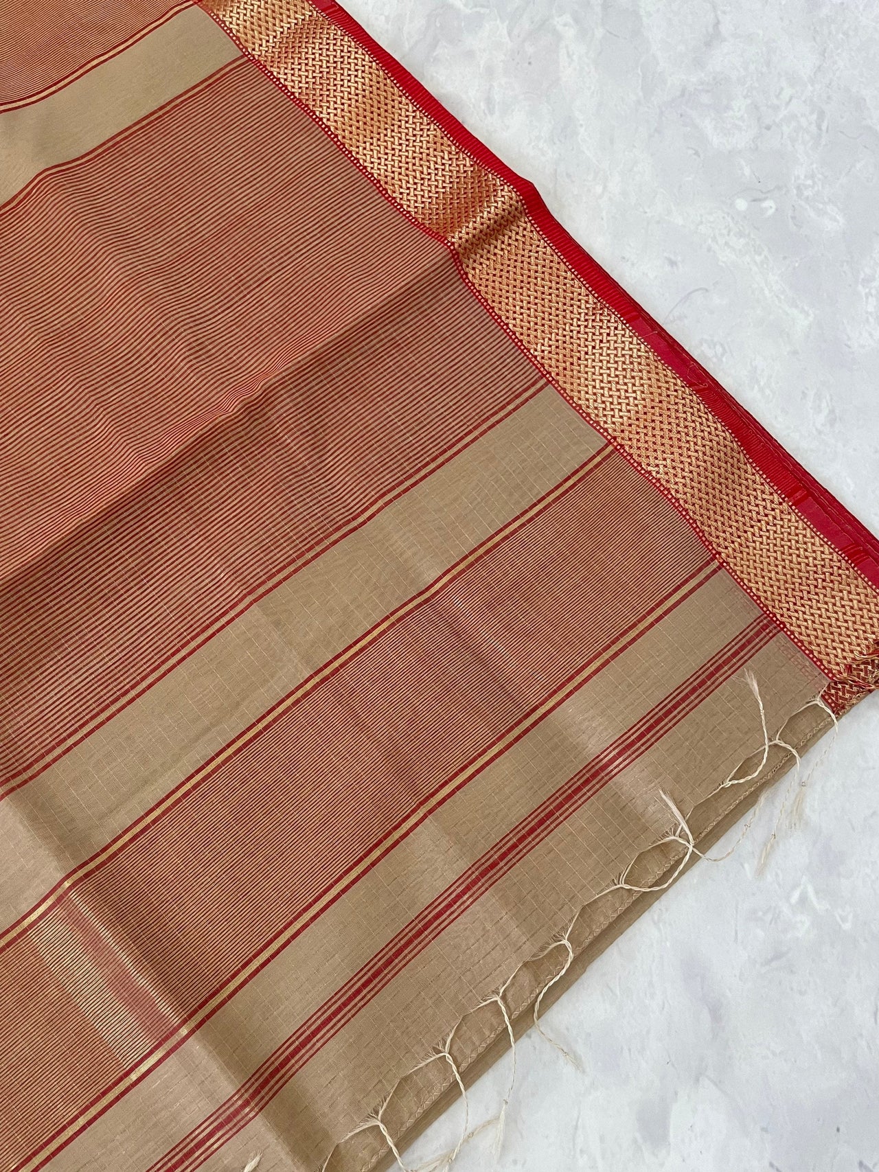 Maheshwari Cotton Silk Saree | Handloom Mark | Beige/Light Brown & Red | Ships from California