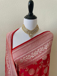 Thumbnail for Banarasi Pure Chiffon Saree with Hearts Border | Red | Gold Water Zari, Handwoven | Ships from California