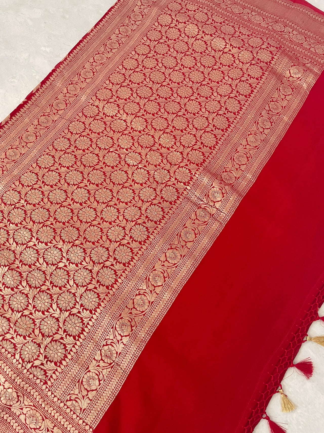 Banarasi Pure Chiffon Saree with Hearts Border | Red | Gold Water Zari, Handwoven | Ships from California