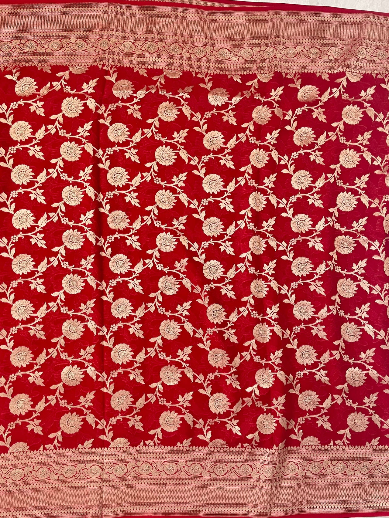 Banarasi Pure Chiffon Saree with Hearts Border | Red | Gold Water Zari, Handwoven | Ships from California