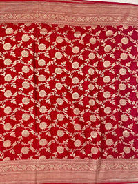 Thumbnail for Banarasi Pure Chiffon Saree with Hearts Border | Red | Gold Water Zari, Handwoven | Ships from California