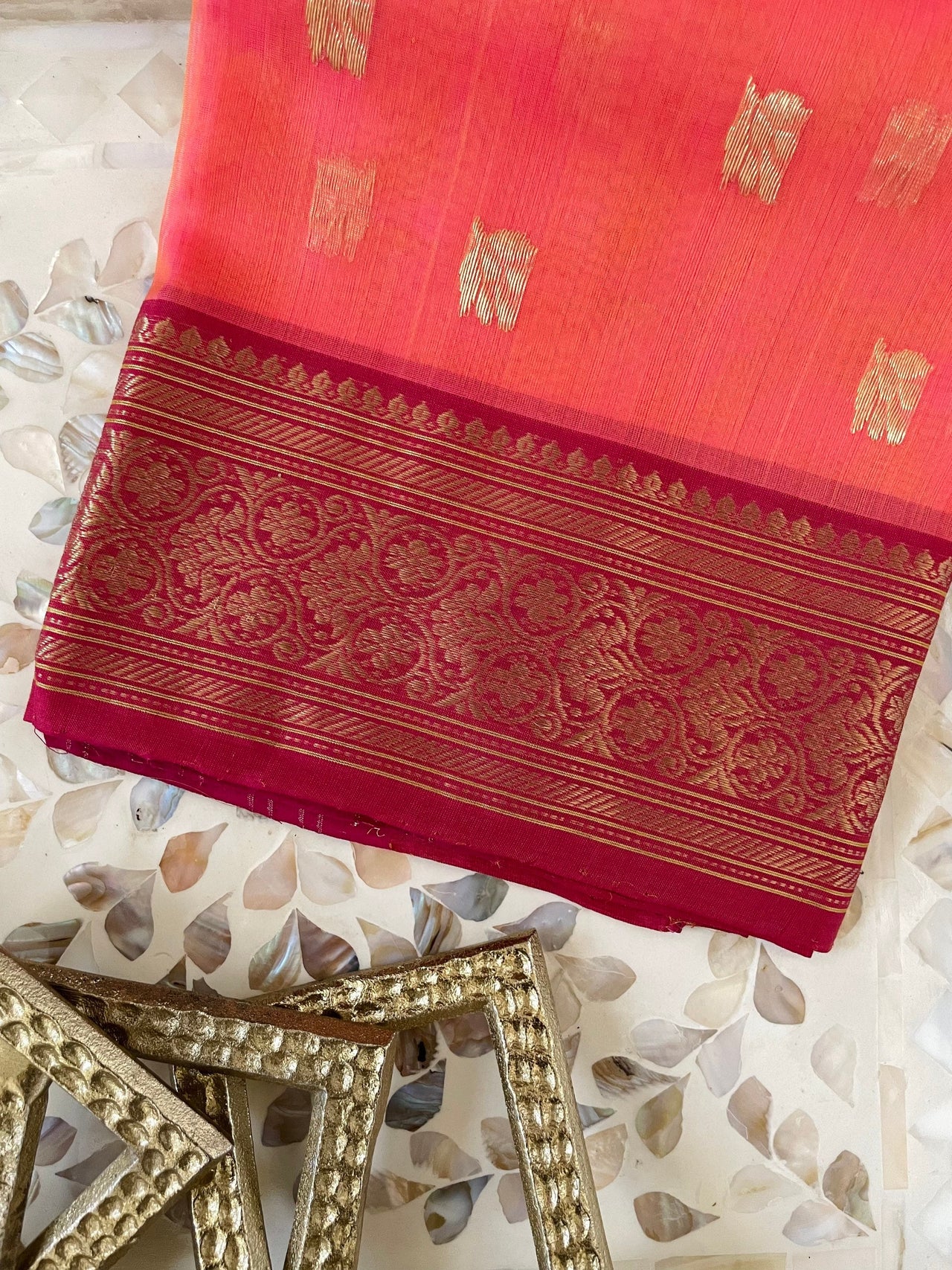 Chanderi Silk saree | Orange and Pink (Dual Shade) | Handwoven | Ships from California