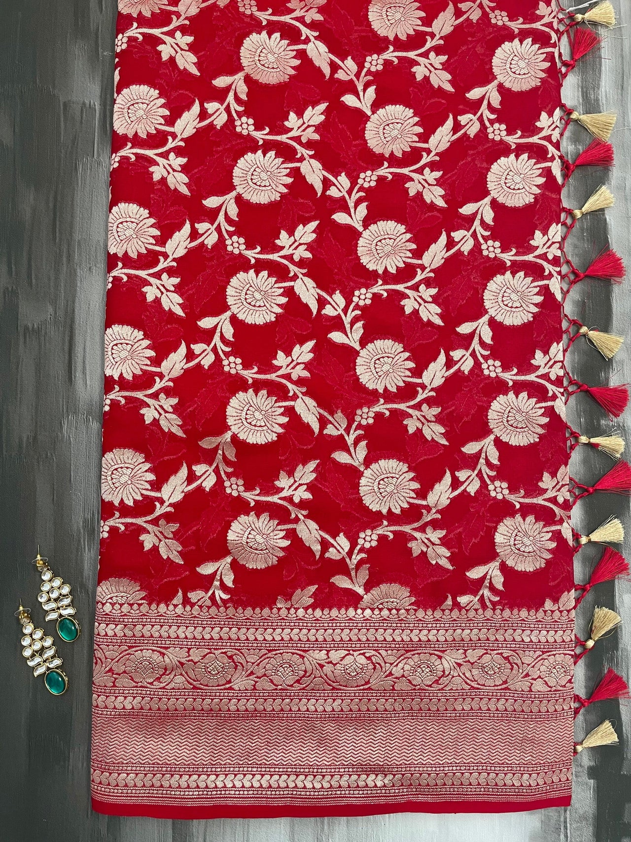 Banarasi Pure Chiffon Saree with Hearts Border | Red | Gold Water Zari, Handwoven | Ships from California
