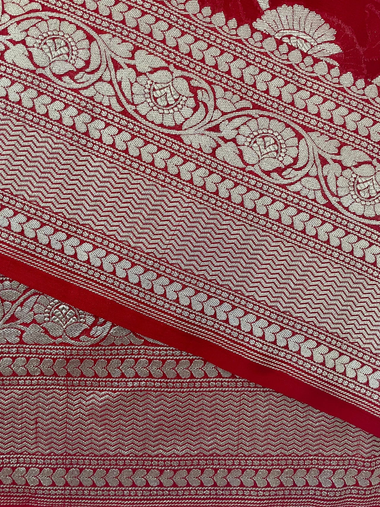 Banarasi Pure Chiffon Saree with Hearts Border | Red | Gold Water Zari, Handwoven | Ships from California