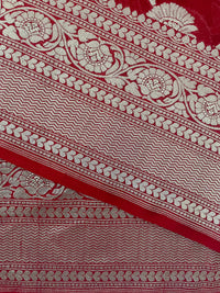 Thumbnail for Banarasi Pure Chiffon Saree with Hearts Border | Red | Gold Water Zari, Handwoven | Ships from California