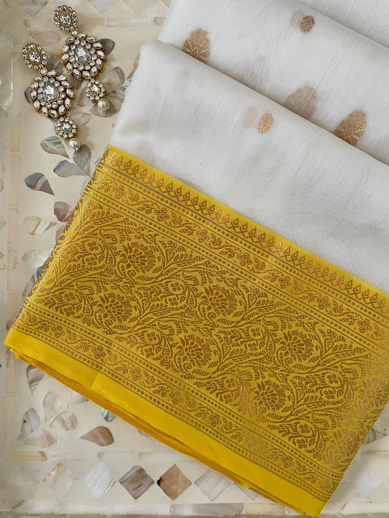 Chanderi Silk saree | Off white with Yellow & Gold Border | Handwoven | Ships from California