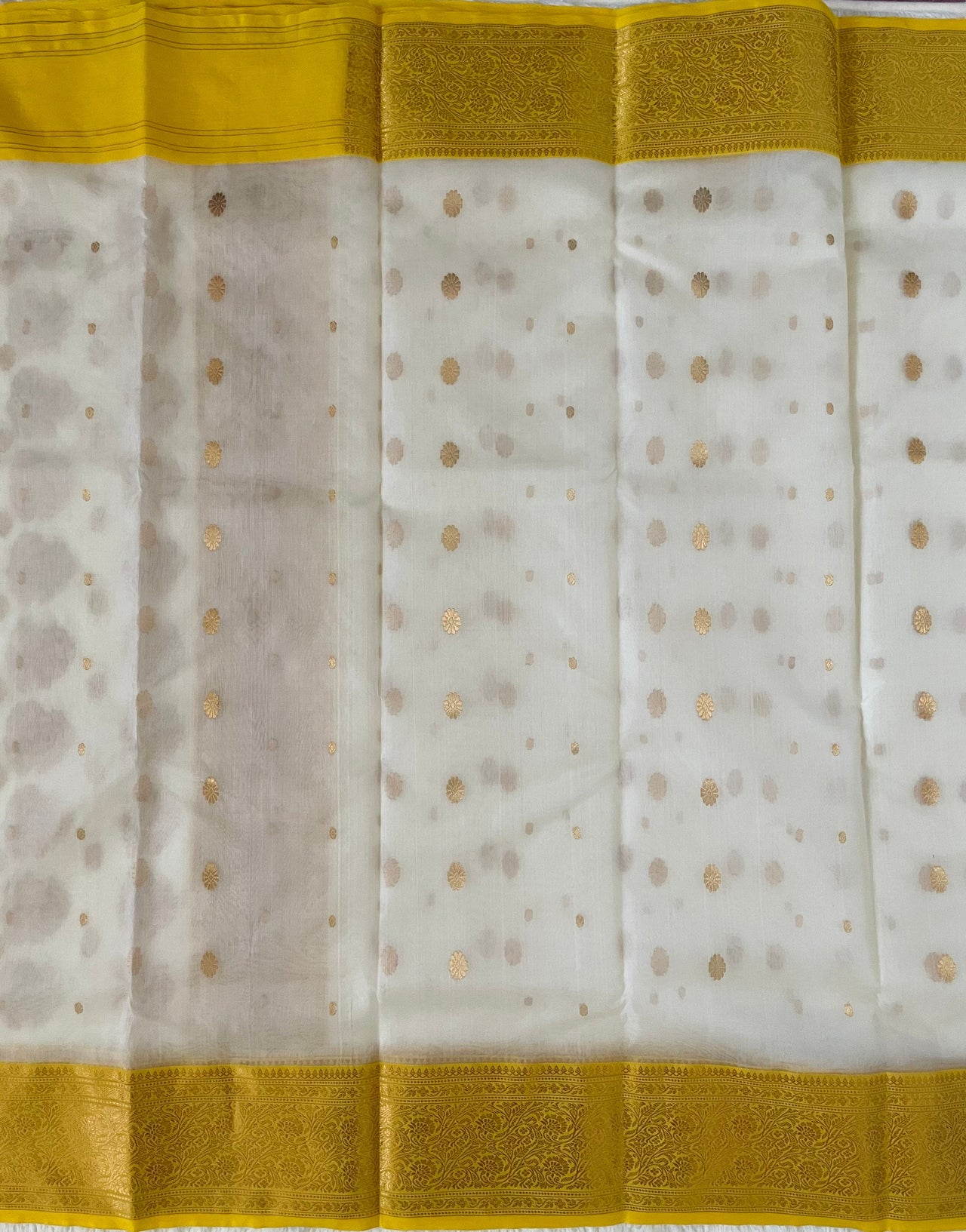 Chanderi Silk saree | Off white with Yellow & Gold Border | Handwoven | Ships from California