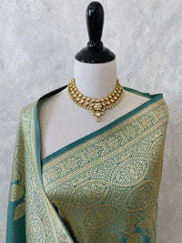Thumbnail for Banarasi Ektara Katan Silk Saree | Tissue Organza Band | Light Teal Blue | Thread Work | Handwoven | Silk Mark | Ships from California