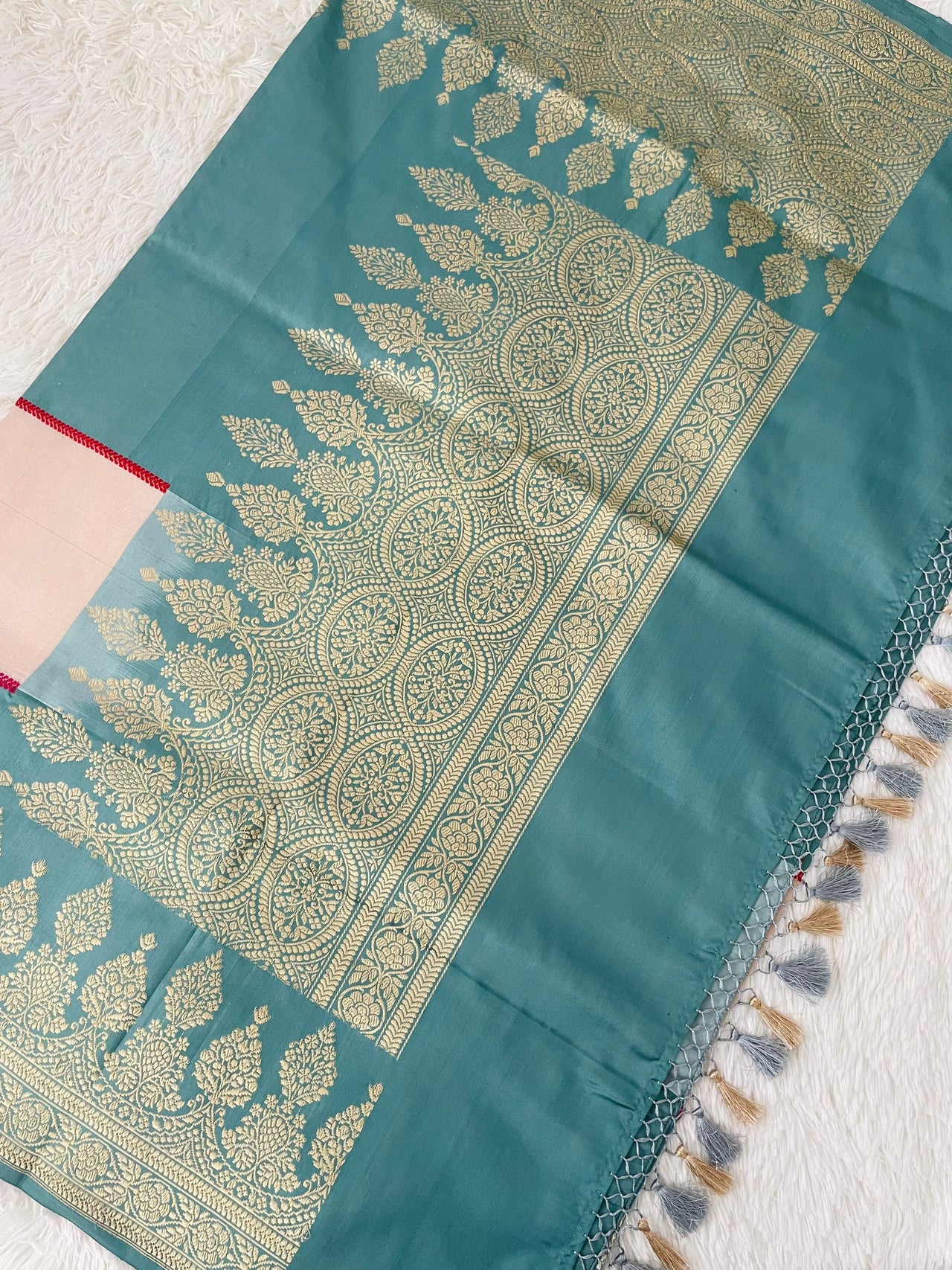 Banarasi Ektara Katan Silk Saree | Tissue Organza Band | Light Teal Blue | Thread Work | Handwoven | Silk Mark | Ships from California