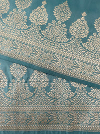 Thumbnail for Banarasi Ektara Katan Silk Saree | Tissue Organza Band | Light Teal Blue | Thread Work | Handwoven | Silk Mark | Ships from California