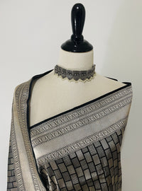 Thumbnail for Banarasi Katan Silk Saree | Black & Silver |  Silver Zari | Handwoven |  Silk Mark Certified | Ships from California