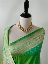 Thumbnail for Banarasi Katan Uppada Silk Saree | Green and Yellow Dual Tone | Gold Zari | Handwoven |  Silk Mark Certified | Ships from California