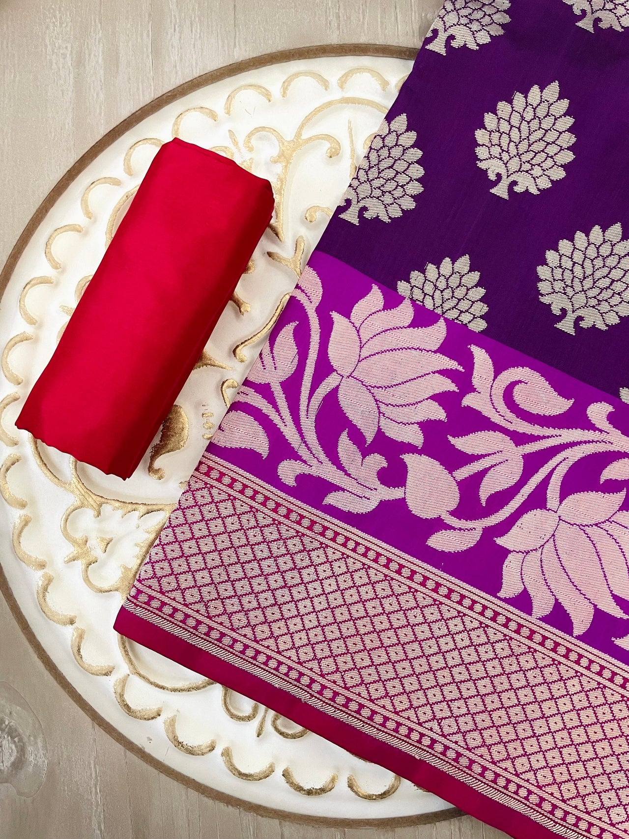 Banarasi Katan Pure Silk Saree | Purple | Skirt Border | Handwoven | Ships from California