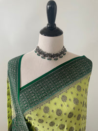 Thumbnail for Chiffon Saree from Banaras | Light and Dark Green | Silver and Black  Zari | Handwoven | Ships from California