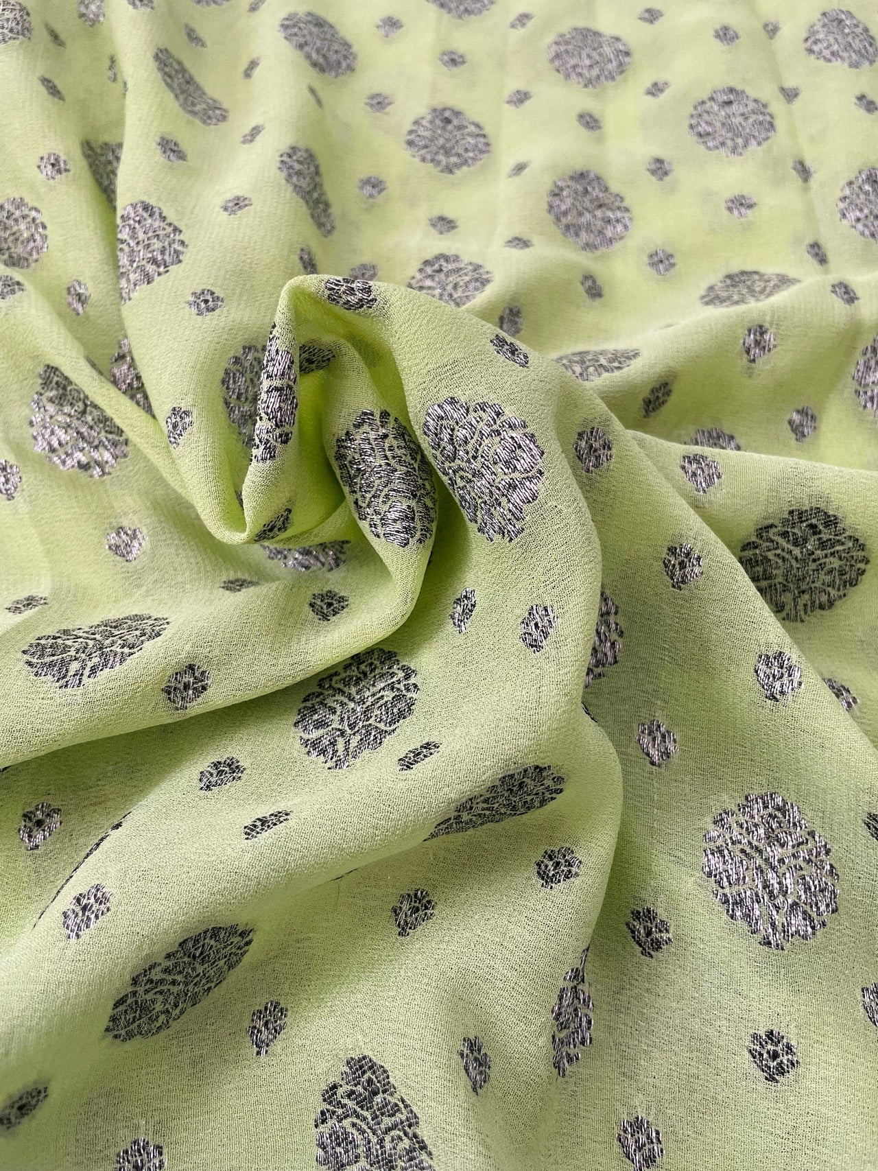 Chiffon Saree from Banaras | Light and Dark Green | Silver and Black  Zari | Handwoven | Ships from California