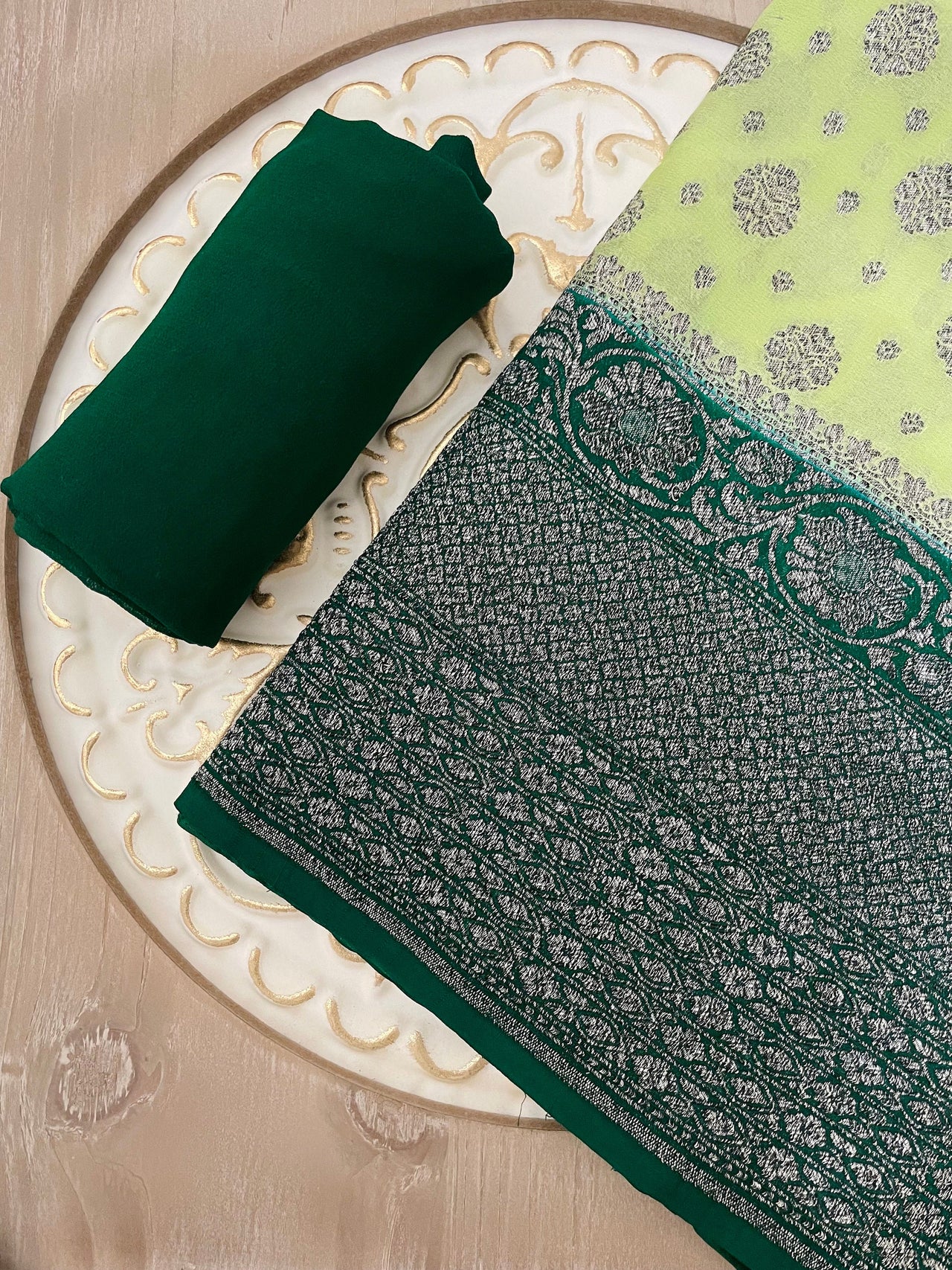 Chiffon Saree from Banaras | Light and Dark Green | Silver and Black  Zari | Handwoven | Ships from California