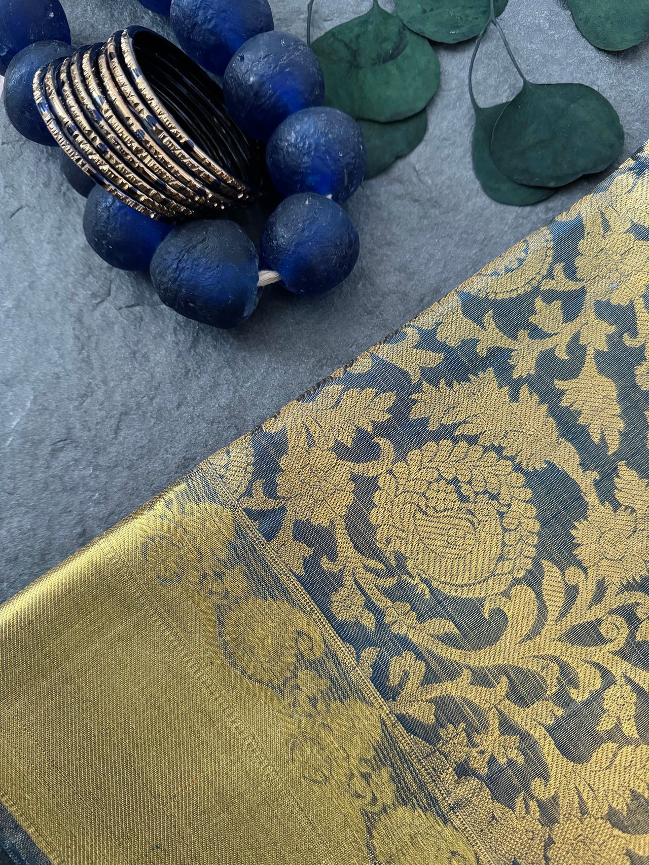 ShopNaya Exclusive | Brocade Kanchipuram Pure Silk Saree | Metallic Peacock Blue | Pure Gold Zari | Handwoven | Ships from California